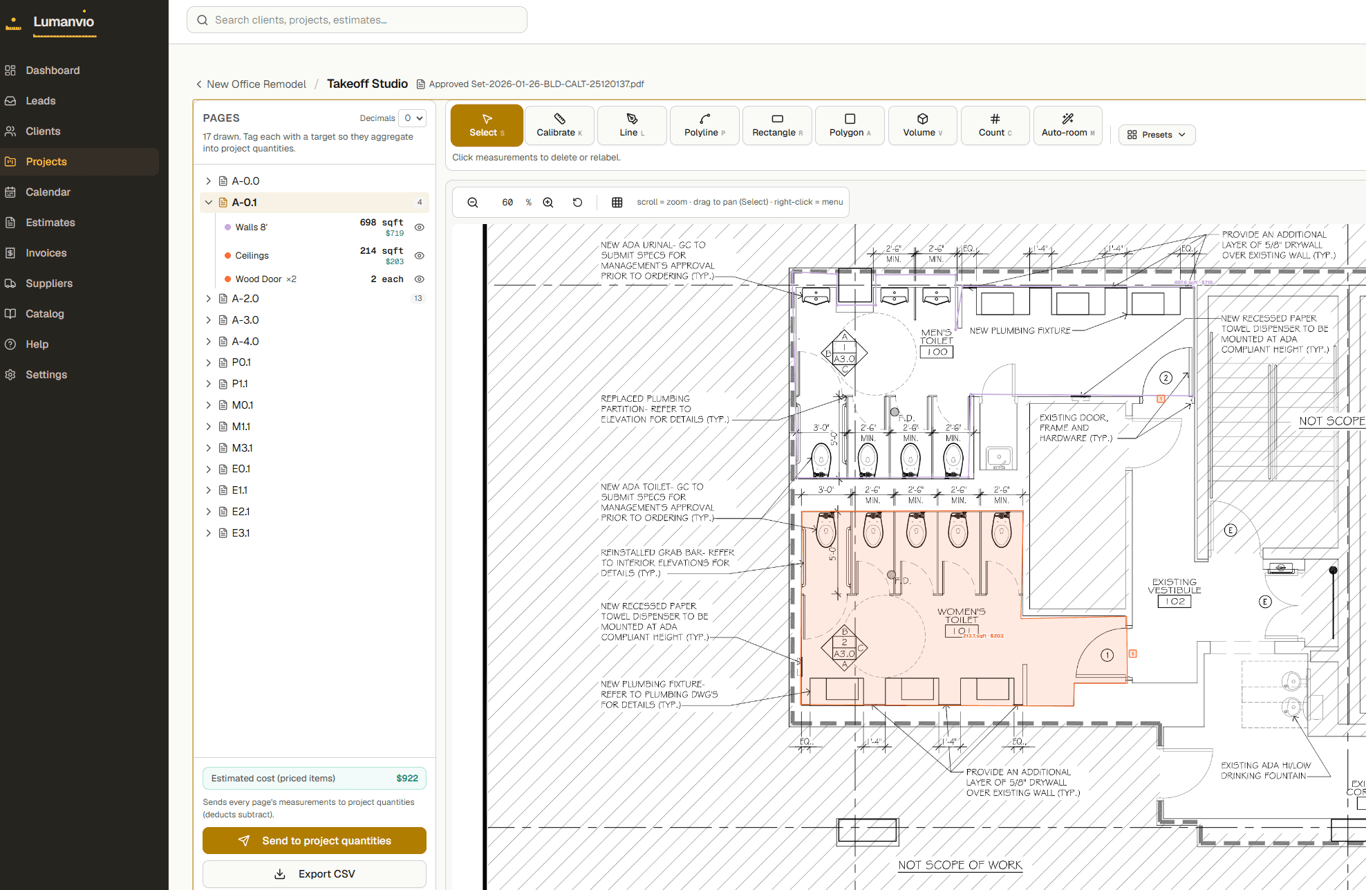 PDF takeoff with calibrated measurements over a real plan