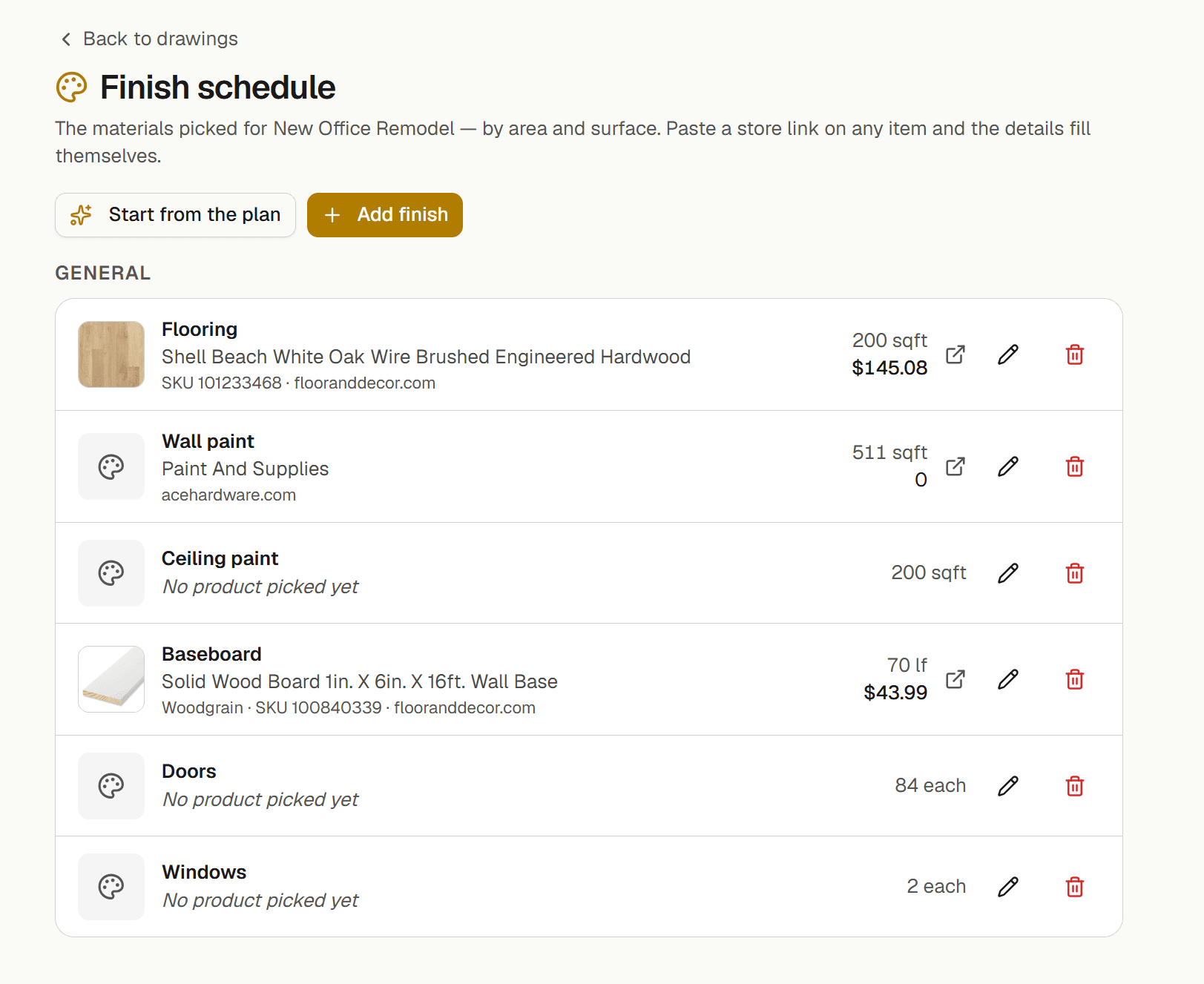 Finish schedule with real products