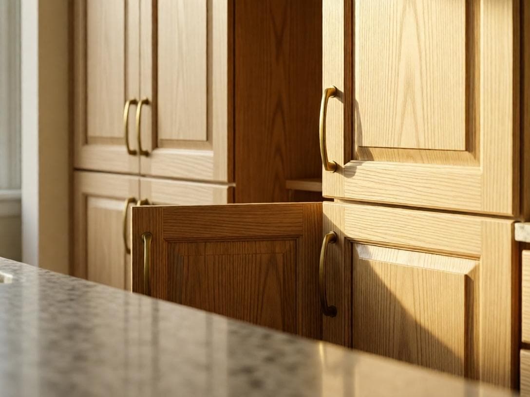 White oak cabinet doors with brass pulls