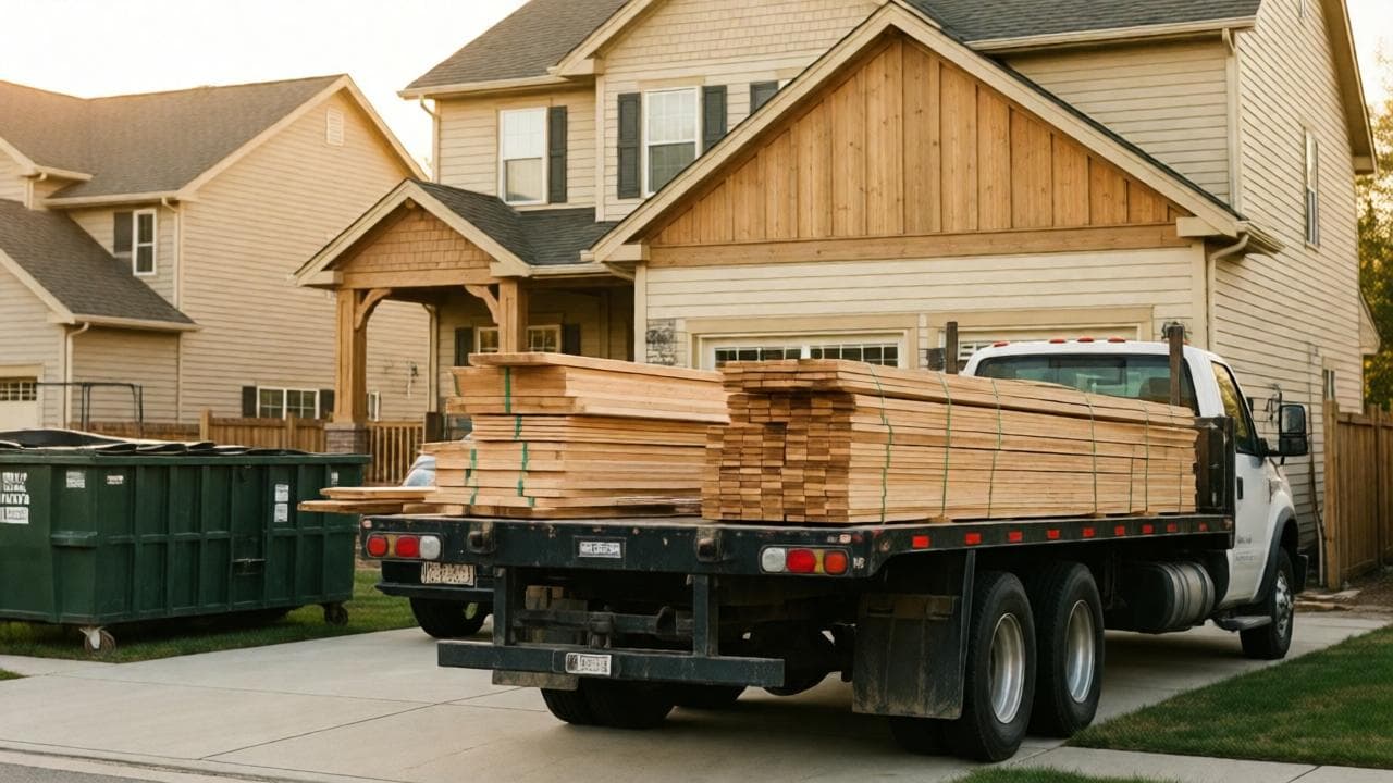 Lumber and drywall delivery at a job site